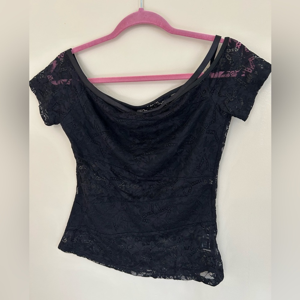 SHEIN Y2K Goth Black Lace Off Shoulder Strappy Asymmetrical Stretchy Cami Top